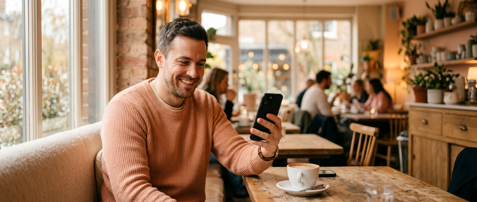 A man smiling at his phone in a café