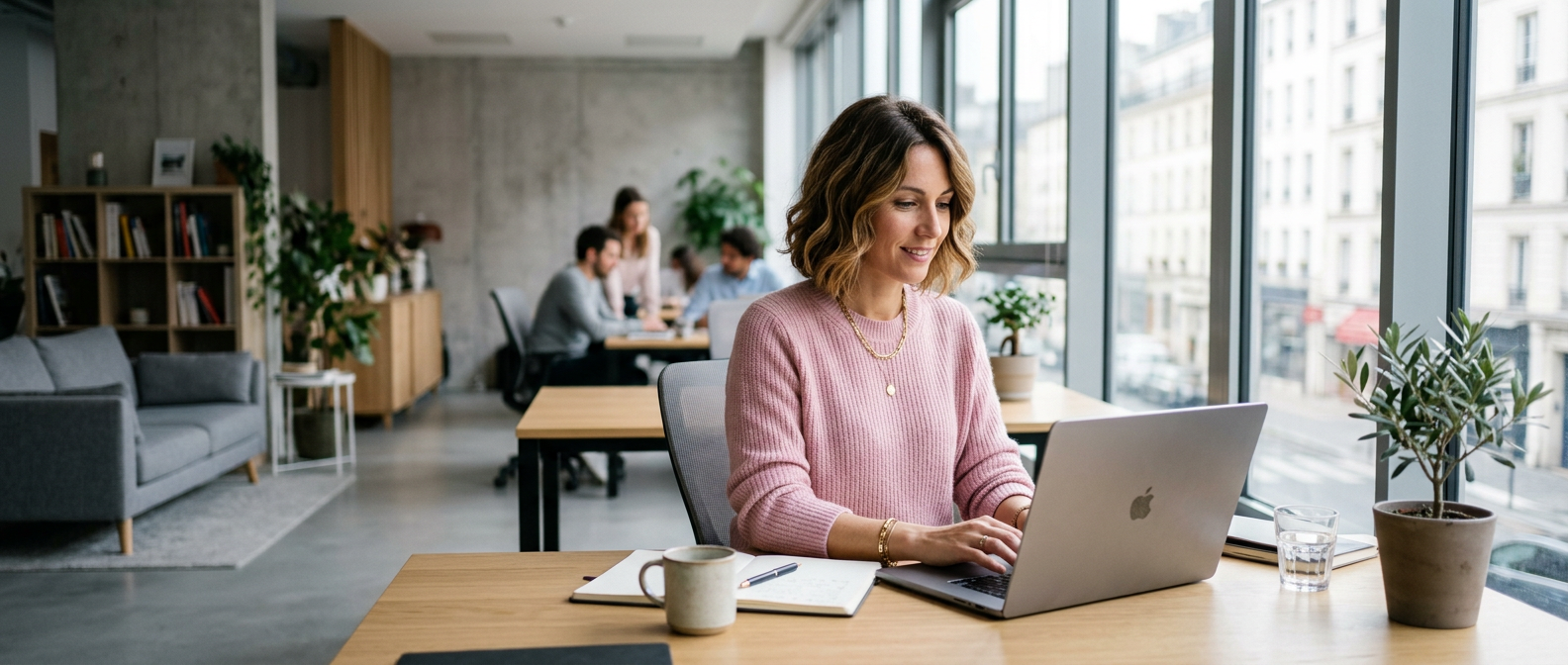 An advisor working at a laptop in a bright office