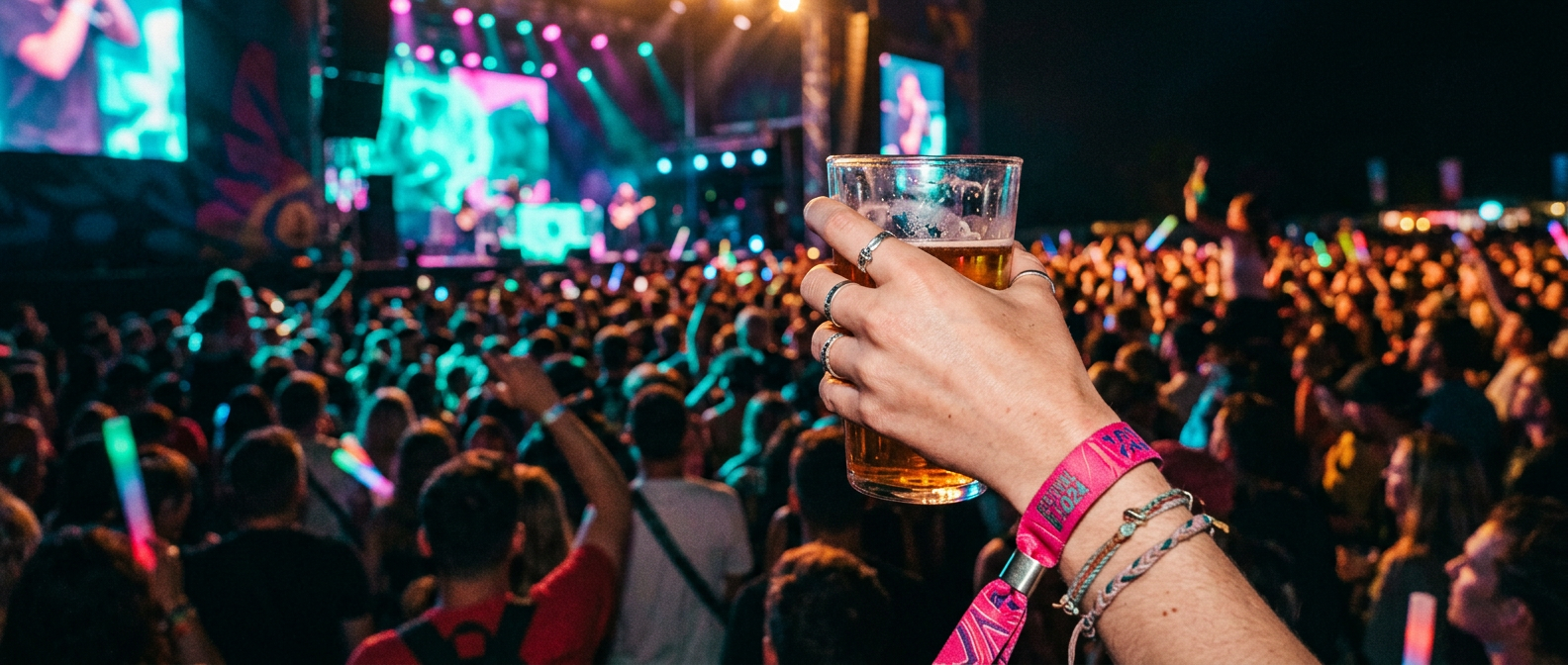 A raised hand with a pink wristband in front of a lit festival stage
